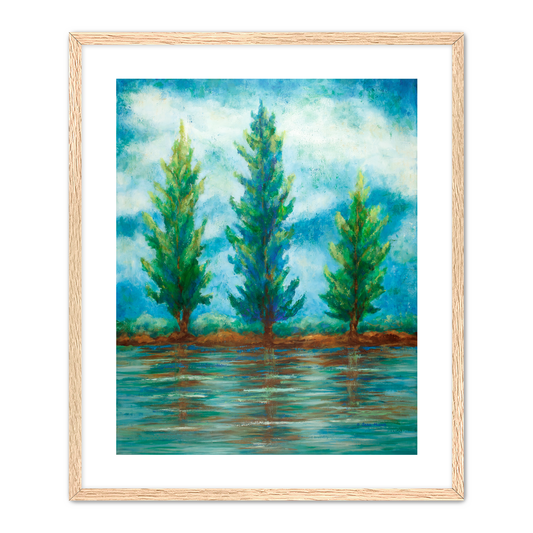 Framed painting of pine trees reflected in water with a blue sky.