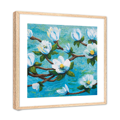 Framed impressionism painting artwork of a magnolia floral design with white flowers on a aqua teal blue water river background