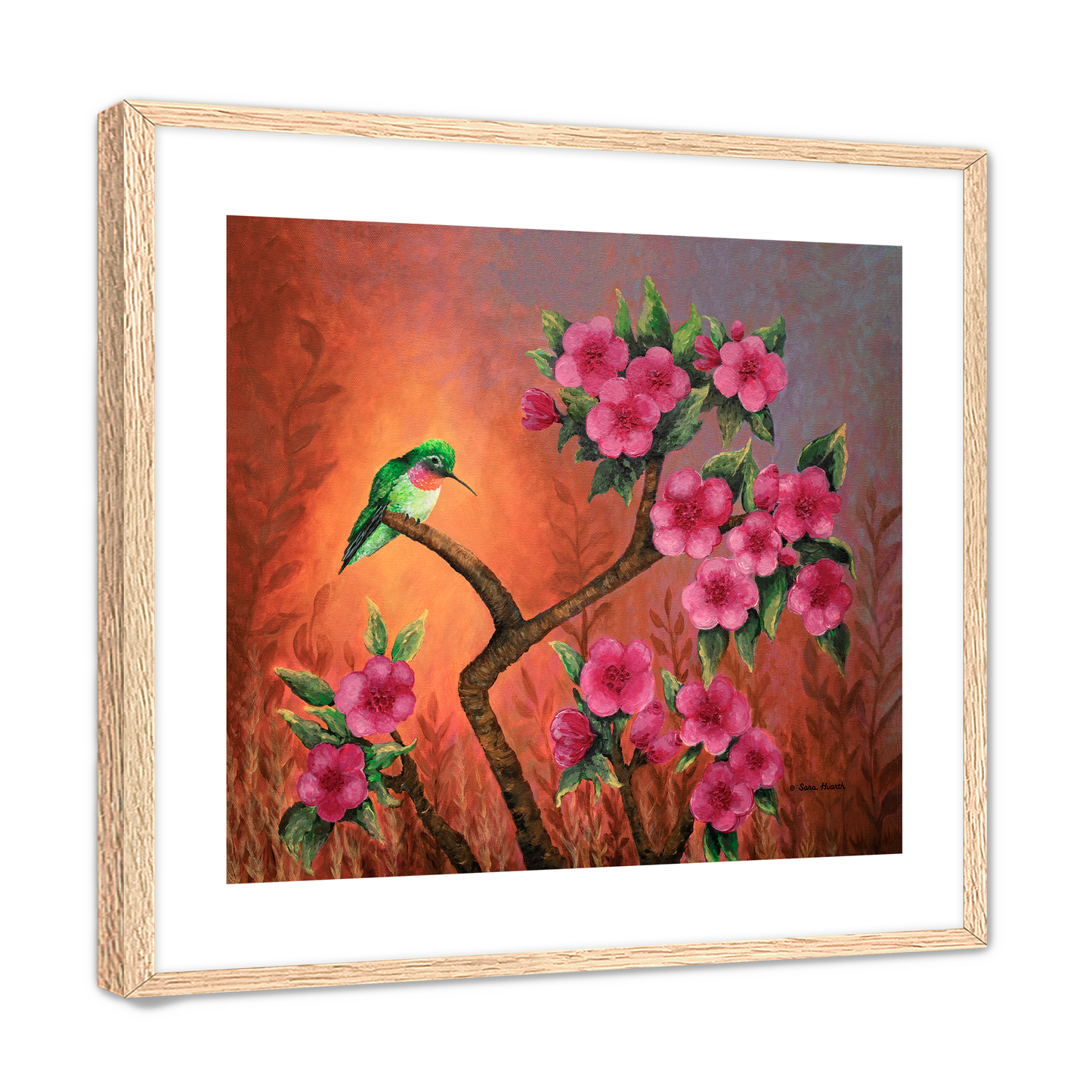 Matted and Framed Painting of a hummingbird on a crabapple tree branch with pink flowers against an orange sunset sunrise background