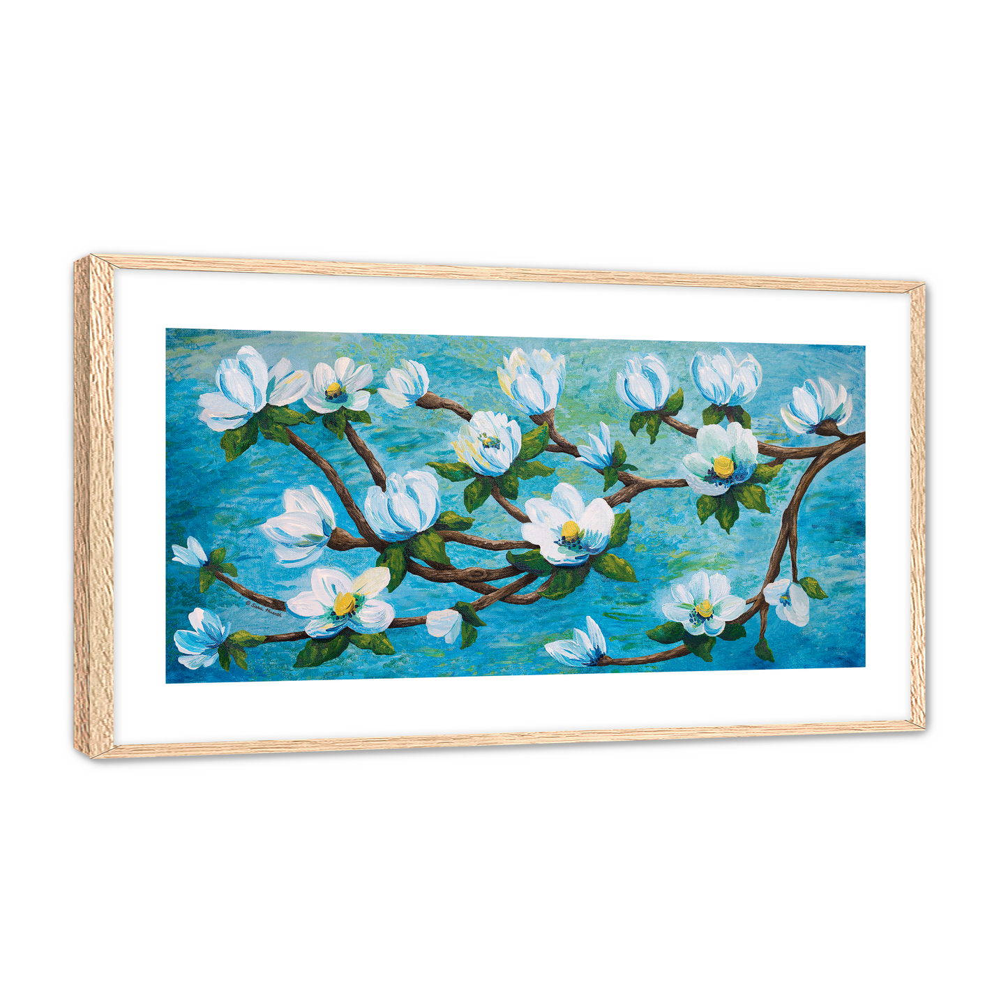 Framed impressionism painting artwork of a magnolia floral design with white flowers on a aqua teal blue water river background