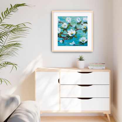 Magnolia Over Water Fine Art Paper Print, Mat & Frame