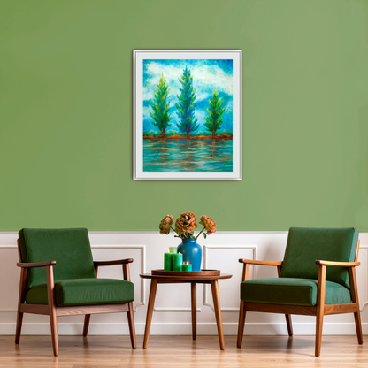 Three River Pines Fine Art Paper Print, Mat & Frame