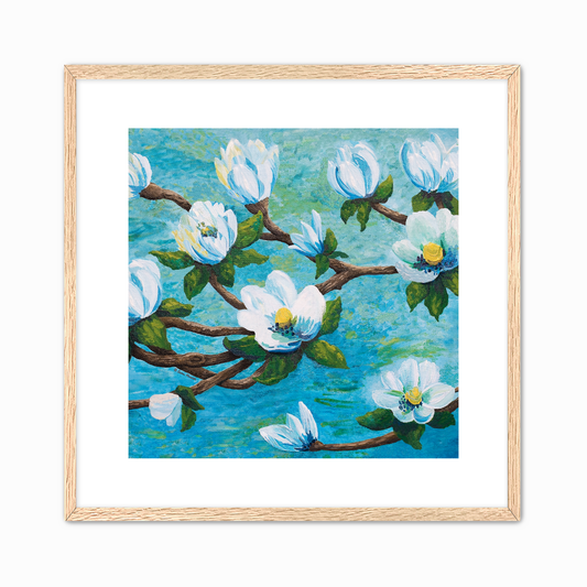 Framed impressionism painting artwork of a magnolia floral design with white flowers on a aqua teal blue water river background