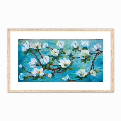 Framed impressionism painting artwork of a magnolia floral design with white flowers on a aqua teal blue water river background