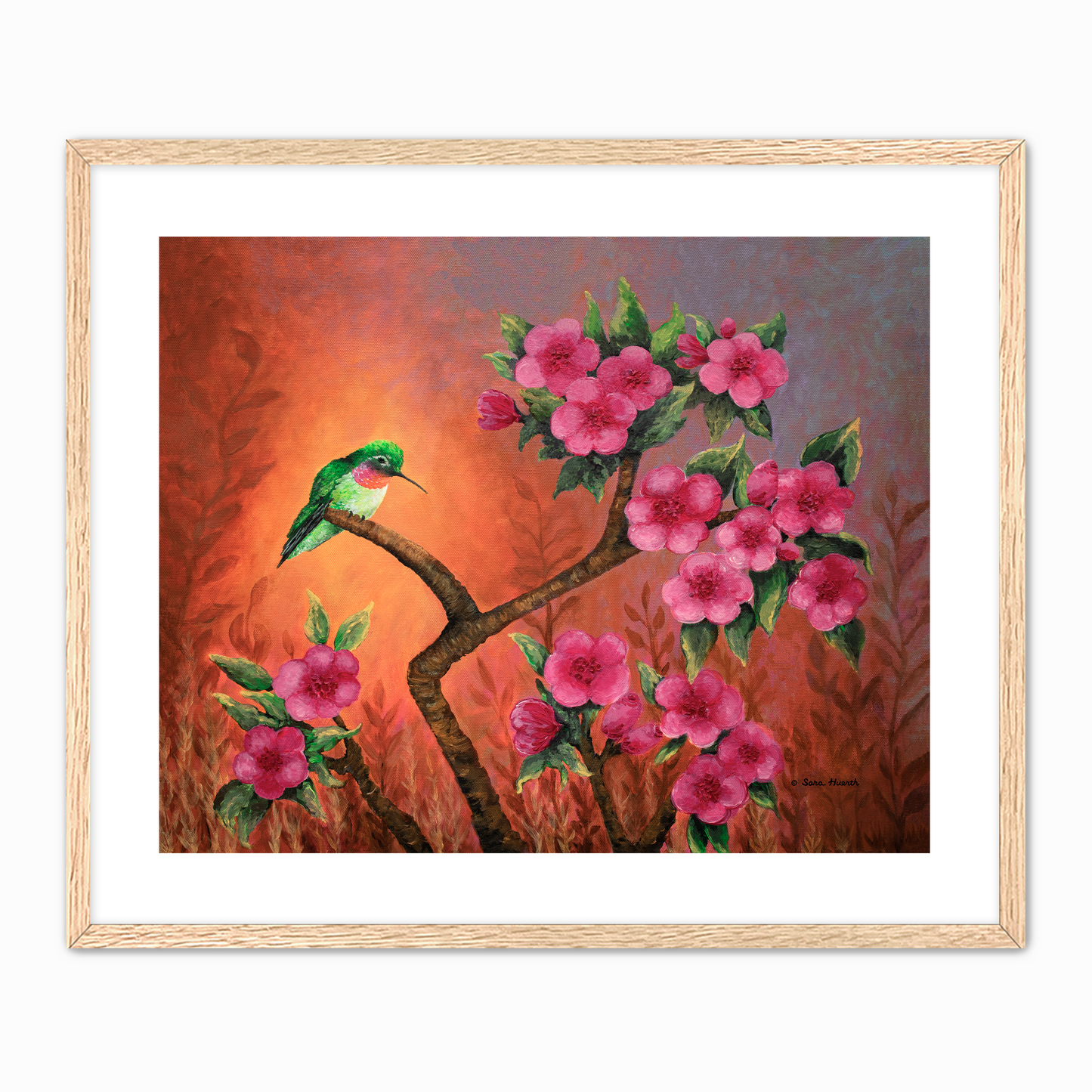 Matted and Framed Painting of a hummingbird on a crabapple tree branch with pink flowers against an orange sunset sunrise background