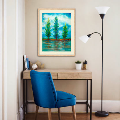 Three River Pines Fine Art Paper Print, Mat & Frame