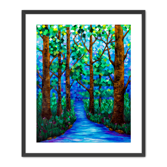 Blue-Pixelated-Forest-River-Water-Framed-Mat-Paper-Print